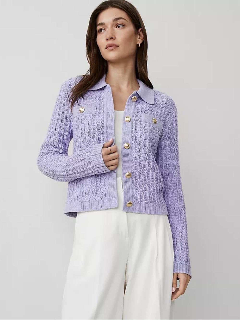 Ann Taylor Lavender Cotton Blend Knit Button-Front Cardigan Gold Buttons luxury